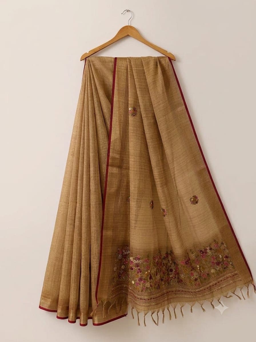 Honey Gold Linen Tissue Saree with Hand Embroidery